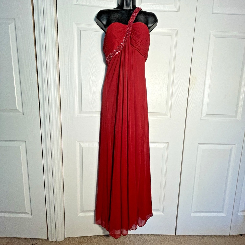 Xscape Grecian Gown Women 10 Red Beaded Empire Waist Fairycore Prom Flowy Dress